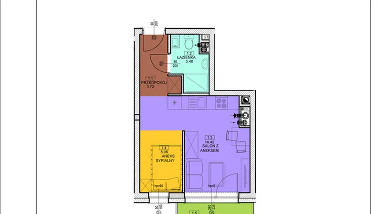 Rzut - Mieszkanie na sprzedaż 1 pokój o powierzchni 26,68 m² - numer B09 w Osiedle Zuchów - Bud. B i C