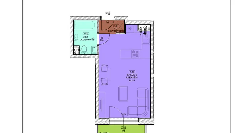 Rzut - Mieszkanie na sprzedaż 1 pokój o powierzchni 27,88 m² - numer B17 w Osiedle Zuchów - Bud. B i C