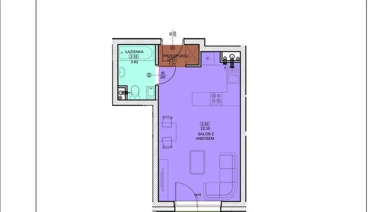Rzut - Mieszkanie na sprzedaż 1 pokój o powierzchni 27,88 m² - numer B26 w Osiedle Zuchów - Bud. B i C