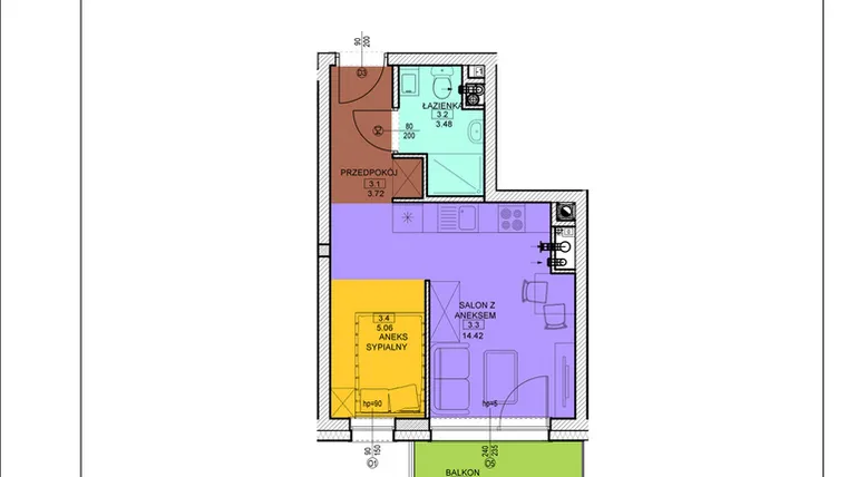 Rzut - Mieszkanie na sprzedaż 1 pokój o powierzchni 26,68 m² - numer B27 w Osiedle Zuchów - Bud. B i C