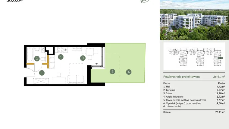 Rzut - Mieszkanie na sprzedaż 1 pokój o powierzchni 26,41 m² - numer S6.0.04 w Ogrody Julianów