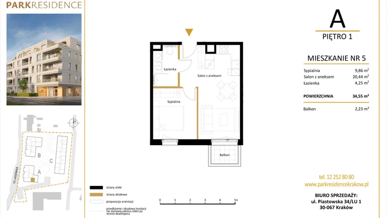 Rzut - Mieszkanie na sprzedaż 2 pokoje o powierzchni 34,55 m² - numer LM-05 w Park Residence