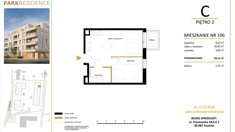 Rzut - Mieszkanie na sprzedaż 2 pokoje o powierzchni 34,15 m² - numer LM-106 w Park Residence