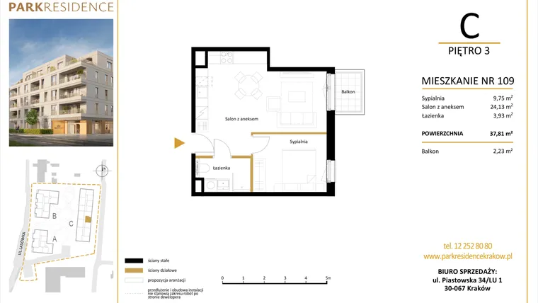Rzut - Mieszkanie na sprzedaż 2 pokoje o powierzchni 37,81 m² - numer LM-109 w Park Residence