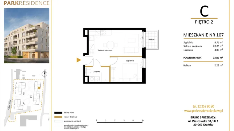 Rzut - Mieszkanie na sprzedaż 2 pokoje o powierzchni 33,85 m² - numer LM-107 w Park Residence
