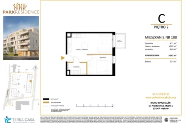 Rzut - Mieszkanie na sprzedaż 2 pokoje o powierzchni 34,62 m² - numer LM-108 w Park Residence