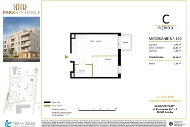 Rzut - Mieszkanie na sprzedaż 2 pokoje o powierzchni 34,15 m² - numer LM-120 w Park Residence