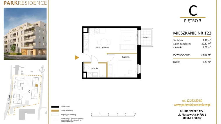 Rzut - Mieszkanie na sprzedaż 2 pokoje o powierzchni 34,62 m² - numer LM-122 w Park Residence