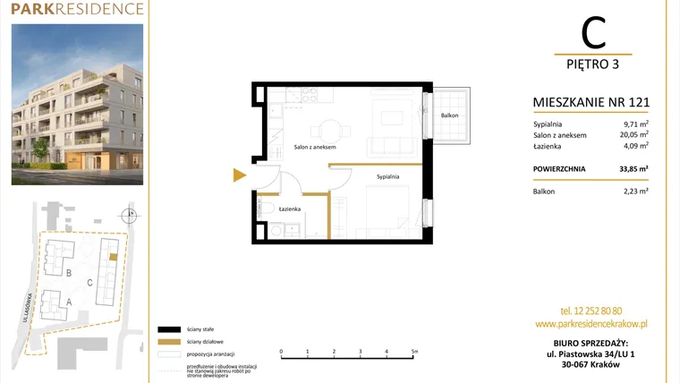 Rzut - Mieszkanie na sprzedaż 2 pokoje o powierzchni 33,85 m² - numer LM-121 w Park Residence