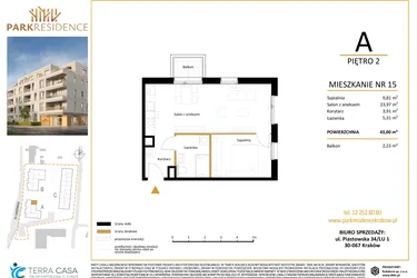 Rzut - Mieszkanie na sprzedaż 2 pokoje o powierzchni 43 m² - numer LM-15 w Park Residence
