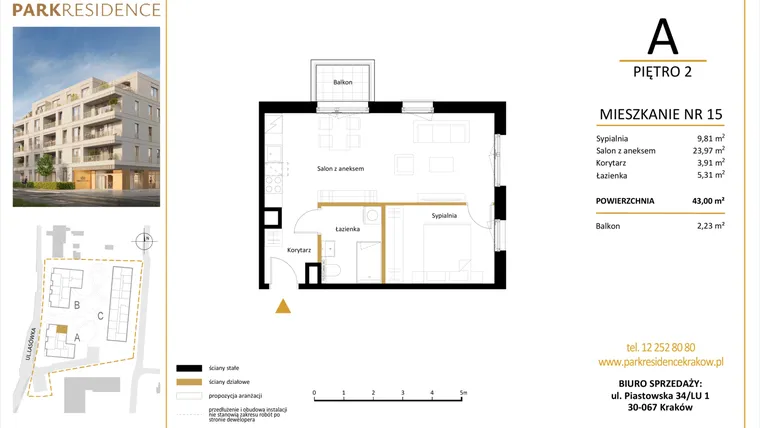 Rzut - Mieszkanie na sprzedaż 2 pokoje o powierzchni 43 m² - numer LM-15 w Park Residence