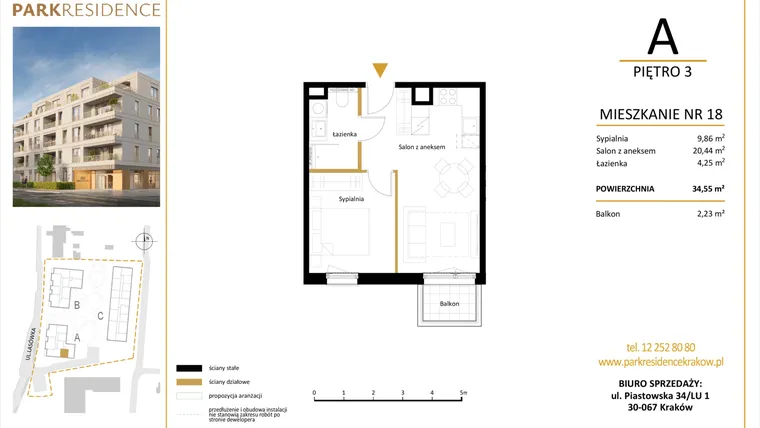 Rzut - Mieszkanie na sprzedaż 2 pokoje o powierzchni 34,55 m² - numer LM-18 w Park Residence