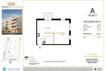 Rzut - Mieszkanie na sprzedaż 2 pokoje o powierzchni 42,99 m² - numer LM-22 w Park Residence