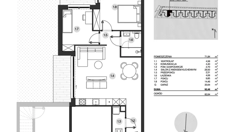 Rzut - Mieszkanie na sprzedaż 3 pokoje o powierzchni 92,48 m² - numer 52A/1 w Działowskiego Zacisze
