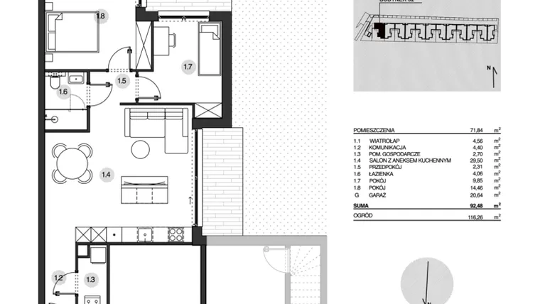 Rzut - Mieszkanie na sprzedaż 3 pokoje o powierzchni 92,48 m² - numer 52/1 w Działowskiego Zacisze