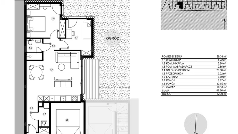 Rzut - Mieszkanie na sprzedaż 3 pokoje o powierzchni 89,59 m² - numer 52B/1 w Działowskiego Zacisze