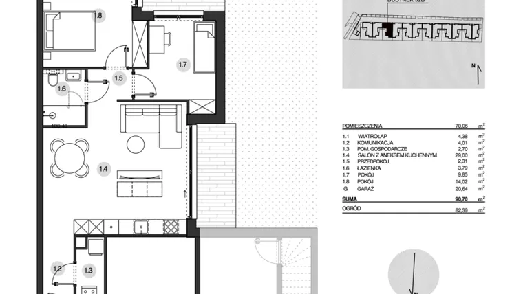 Rzut - Mieszkanie na sprzedaż 3 pokoje o powierzchni 90,7 m² - numer 52B/1 w Działowskiego Zacisze