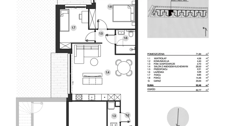 Rzut - Mieszkanie na sprzedaż 3 pokoje o powierzchni 92,48 m² - numer 52C/1 w Działowskiego Zacisze