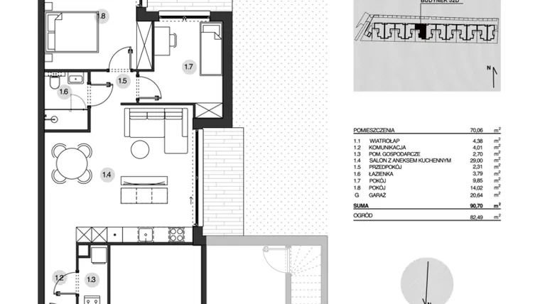 Rzut - Mieszkanie na sprzedaż 3 pokoje o powierzchni 90,7 m² - numer 52D/1 w Działowskiego Zacisze