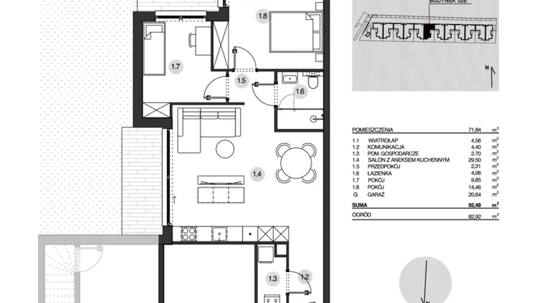 Rzut - Mieszkanie na sprzedaż 3 pokoje o powierzchni 92,48 m² - numer 52E/1 w Działowskiego Zacisze