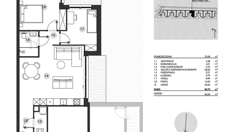 Rzut - Mieszkanie na sprzedaż 3 pokoje o powierzchni 90,7 m² - numer 52F/1 w Działowskiego Zacisze