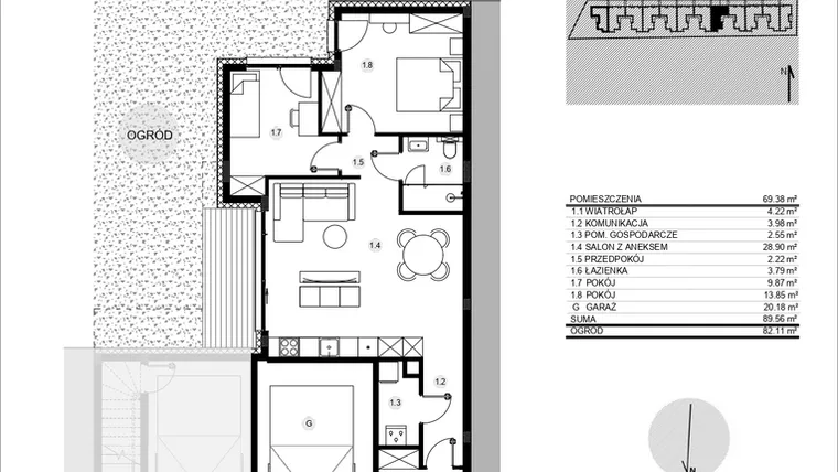 Rzut - Mieszkanie na sprzedaż 3 pokoje o powierzchni 89,59 m² - numer 52G/1 w Działowskiego Zacisze