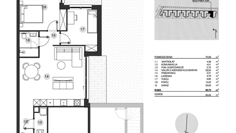 Rzut - Mieszkanie na sprzedaż 3 pokoje o powierzchni 90,7 m² - numer 52K/1 w Działowskiego Zacisze