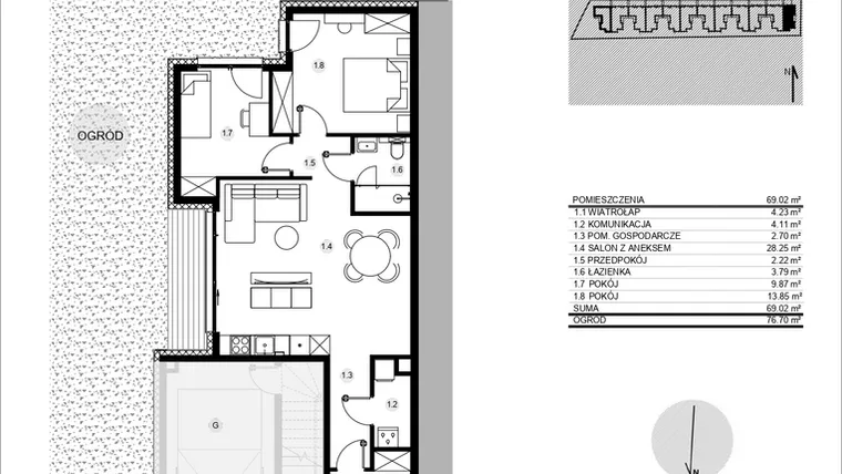 Rzut - Mieszkanie na sprzedaż 3 pokoje o powierzchni 70,26 m² - numer 52L/1 w Działowskiego Zacisze