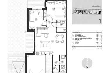 Rzut - Mieszkanie na sprzedaż 3 pokoje o powierzchni 71,5 m² - numer 52L/1 w Działowskiego Zacisze