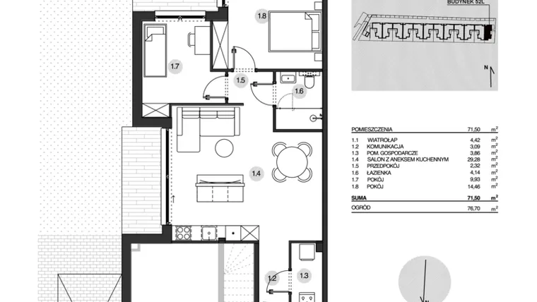 Rzut - Mieszkanie na sprzedaż 3 pokoje o powierzchni 71,5 m² - numer 52L/1 w Działowskiego Zacisze