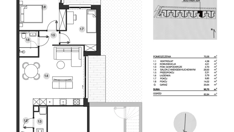 Rzut - Mieszkanie na sprzedaż 3 pokoje o powierzchni 90,7 m² - numer 52H/1 w Działowskiego Zacisze