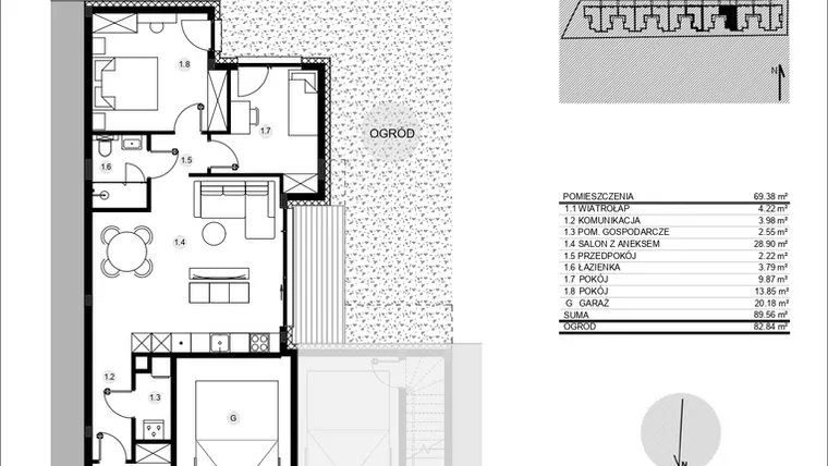Rzut - Mieszkanie na sprzedaż 3 pokoje o powierzchni 89,59 m² - numer 52H/1 w Działowskiego Zacisze