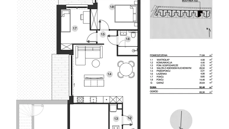 Rzut - Mieszkanie na sprzedaż 3 pokoje o powierzchni 92,48 m² - numer 52J/1 w Działowskiego Zacisze