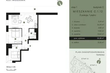 Rzut - Mieszkanie na sprzedaż 3 pokoje o powierzchni 55,38 m² - numer C.1.12 w Nickel Resort & Wellnest Szklarska Poręba - apartamenty inwestycyjne