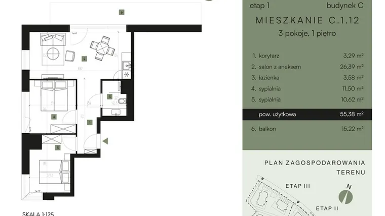 Rzut - Mieszkanie na sprzedaż 3 pokoje o powierzchni 55,38 m² - numer C.1.12 w Nickel Resort & Wellnest Szklarska Poręba - apartamenty inwestycyjne