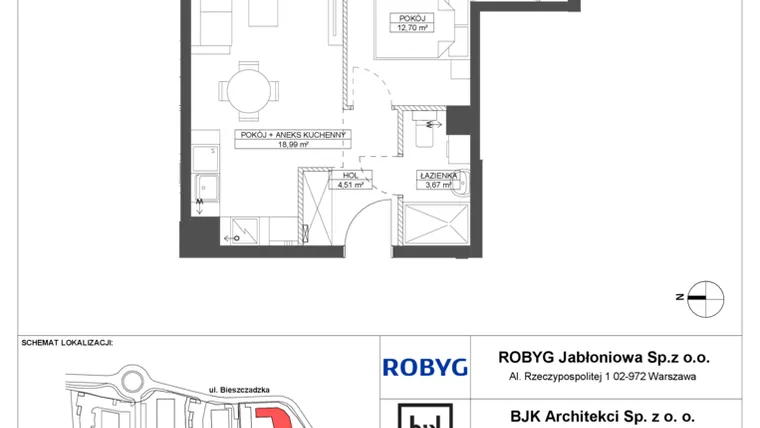 Rzut - Mieszkanie na sprzedaż 2 pokoje o powierzchni 39,87 m² - numer D.1M08 w Foresteria bud. D