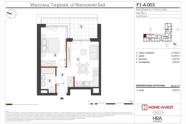 Rzut - Mieszkanie na sprzedaż 2 pokoje o powierzchni 38,1 m² - numer F1-A003 w Warszawski Świt XIII