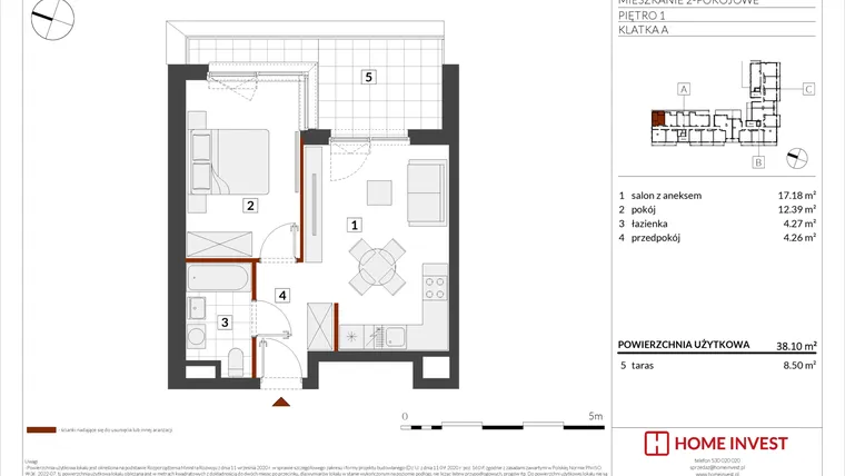 Rzut - Mieszkanie na sprzedaż 2 pokoje o powierzchni 38,1 m² - numer F1-A003 w Warszawski Świt XIII