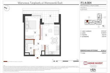 Rzut - Mieszkanie na sprzedaż 2 pokoje o powierzchni 40,08 m² - numer F1-A004 w Warszawski Świt XIII