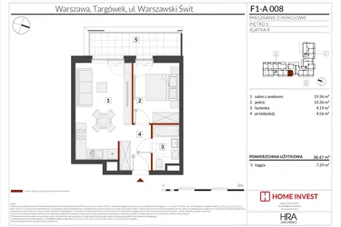 Rzut - Mieszkanie na sprzedaż 2 pokoje o powierzchni 38,47 m² - numer F1-A008 w Warszawski Świt XIII