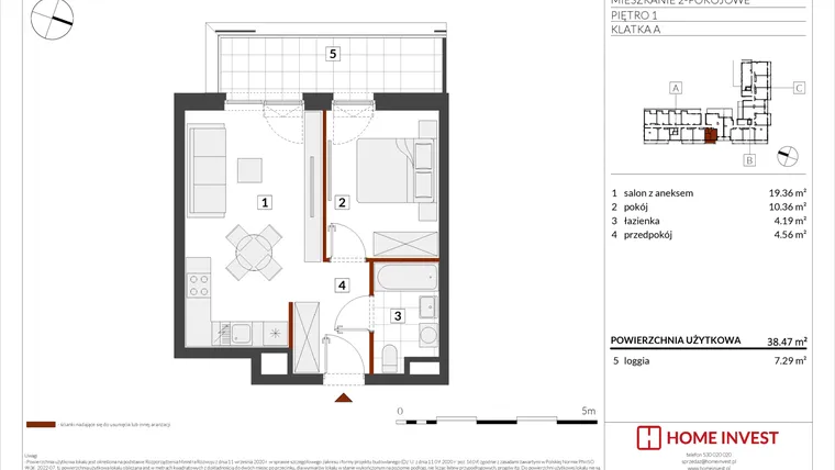 Rzut - Mieszkanie na sprzedaż 2 pokoje o powierzchni 38,47 m² - numer F1-A008 w Warszawski Świt XIII