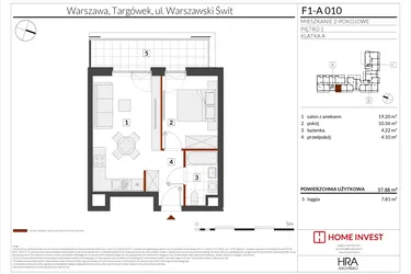 Rzut - Mieszkanie na sprzedaż 2 pokoje o powierzchni 37,88 m² - numer F1-A010 w Warszawski Świt XIII