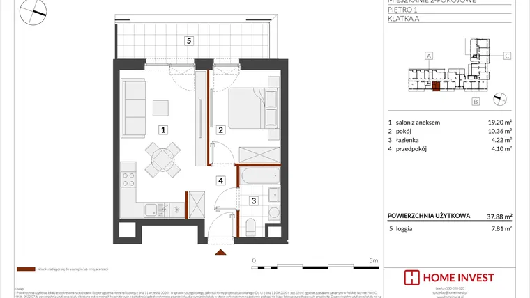 Rzut - Mieszkanie na sprzedaż 2 pokoje o powierzchni 37,88 m² - numer F1-A010 w Warszawski Świt XIII
