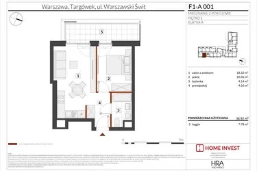 Rzut - Mieszkanie na sprzedaż 2 pokoje o powierzchni 36,92 m² - numer F1-A001 w Warszawski Świt XIII