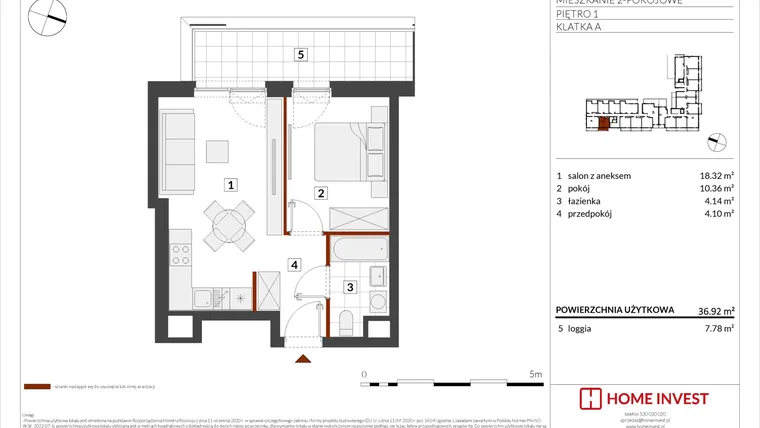 Rzut - Mieszkanie na sprzedaż 2 pokoje o powierzchni 36,92 m² - numer F1-A001 w Warszawski Świt XIII