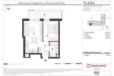 Rzut - Mieszkanie na sprzedaż 2 pokoje o powierzchni 37,07 m² - numer F1-A011 w Warszawski Świt XIII