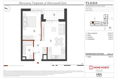 Rzut - Mieszkanie na sprzedaż 2 pokoje o powierzchni 40,21 m² - numer F1-A014 w Warszawski Świt XIII