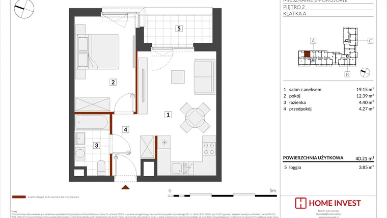 Rzut - Mieszkanie na sprzedaż 2 pokoje o powierzchni 40,21 m² - numer F1-A014 w Warszawski Świt XIII
