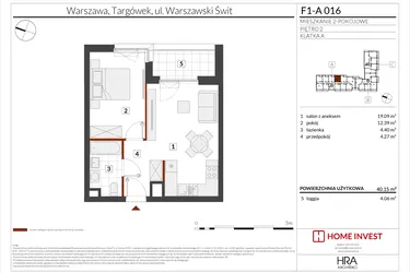 Rzut - Mieszkanie na sprzedaż 2 pokoje o powierzchni 40,15 m² - numer F1-A016 w Warszawski Świt XIII