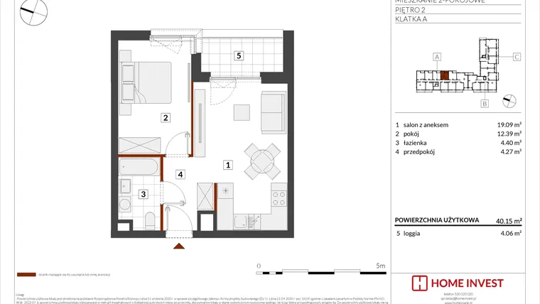 Rzut - Mieszkanie na sprzedaż 2 pokoje o powierzchni 40,15 m² - numer F1-A016 w Warszawski Świt XIII
